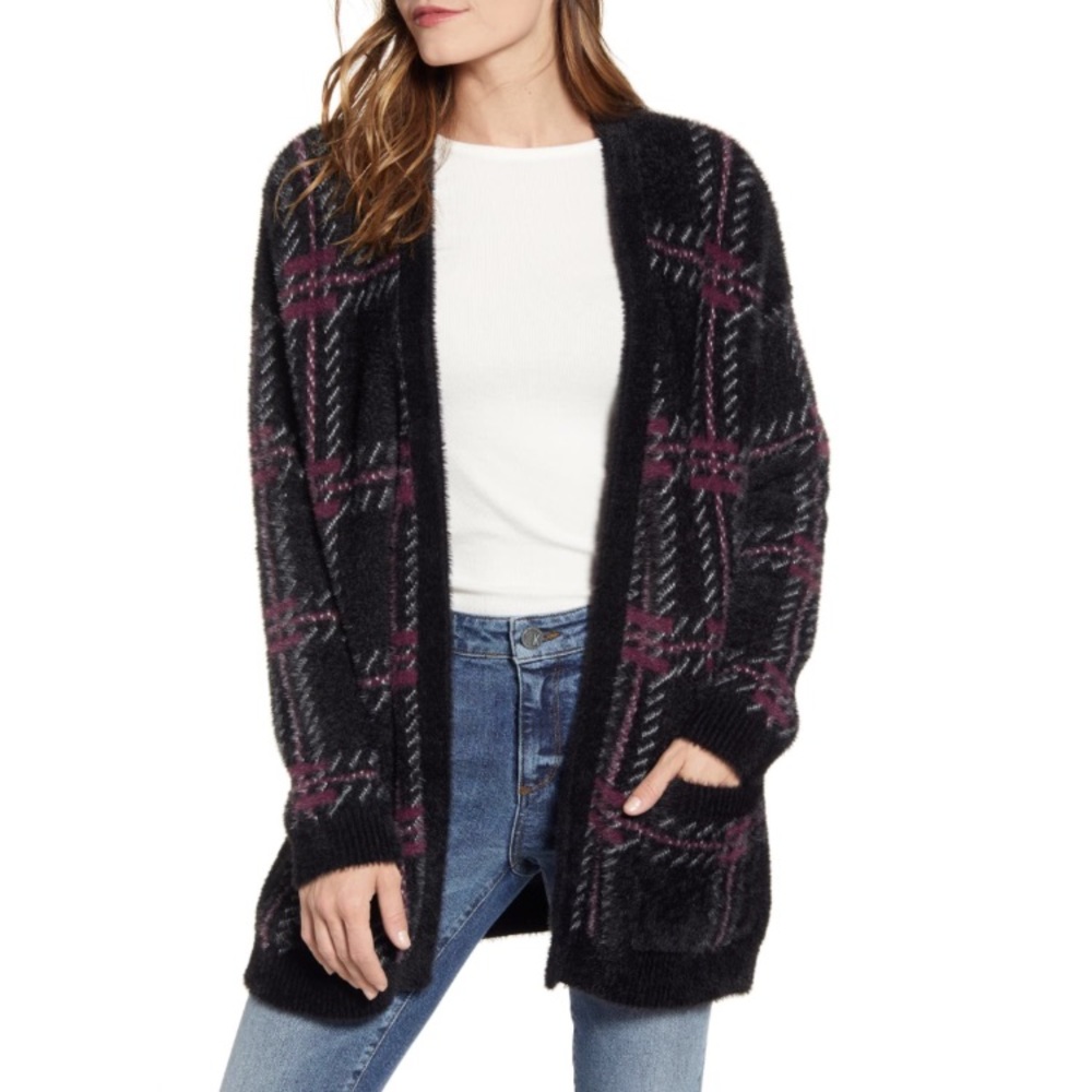 1. State Plaid Eyelash Open Front Cardigan Sweater
